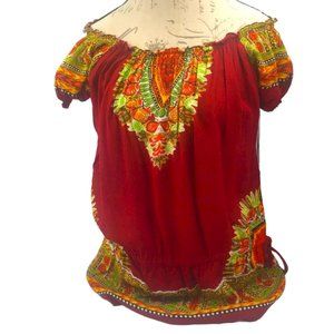 Funky People Red w/ Multicolored Off Shoulder Blouse Size S